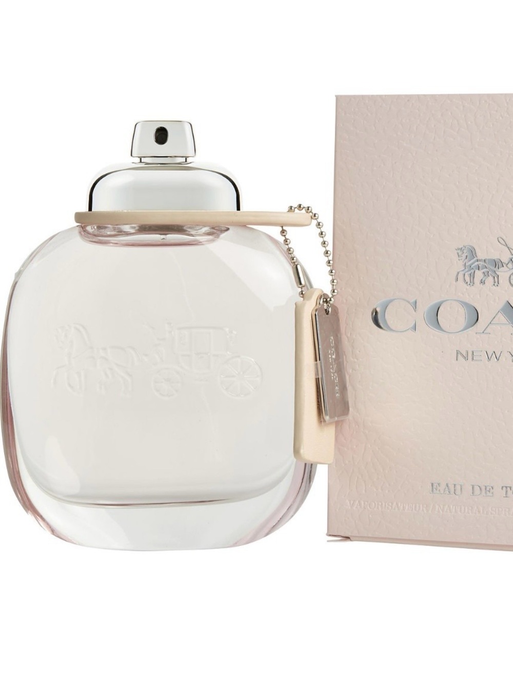 Coach Clear Glass Perfume Bottle with Silver Cap and Nude Leather Tags